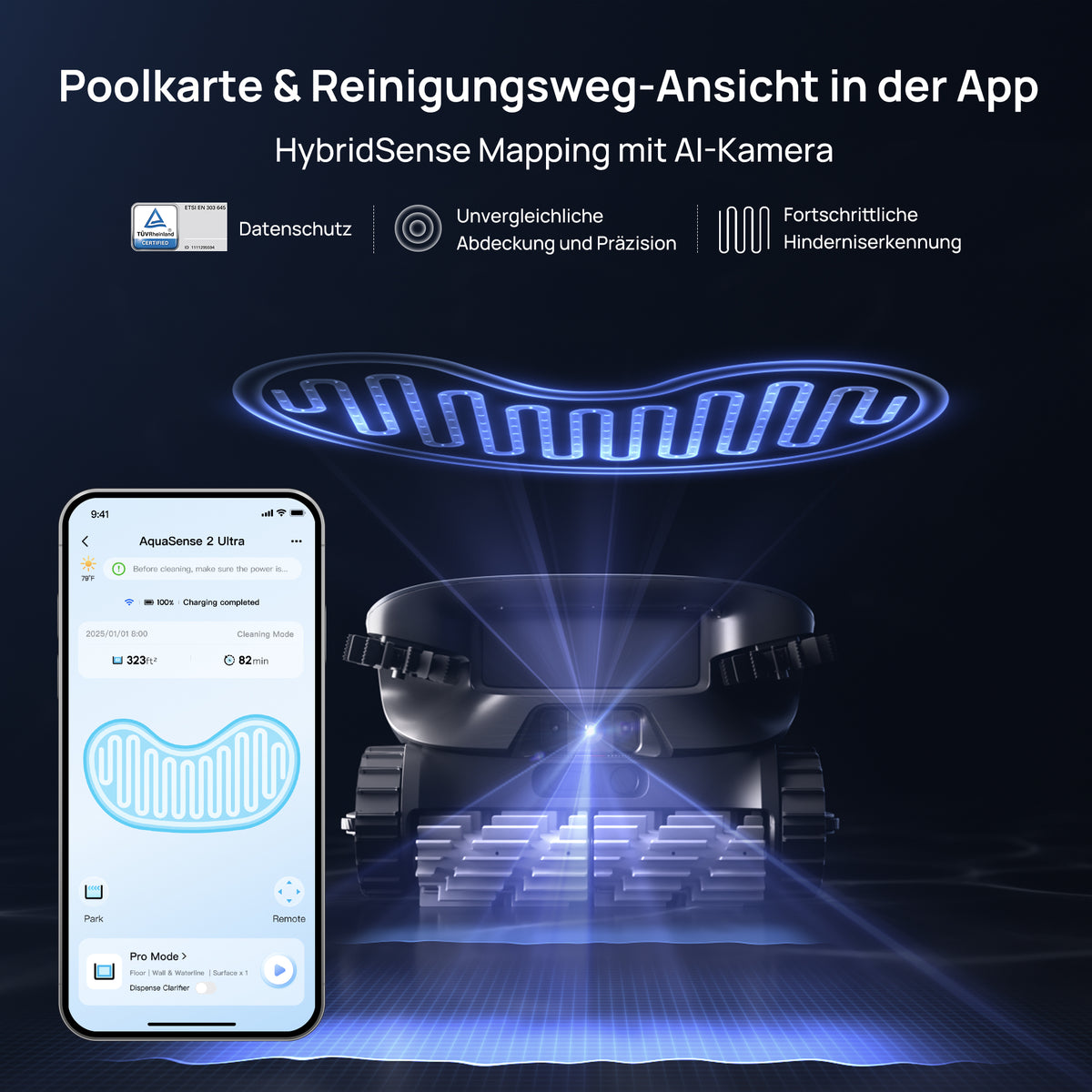 Beatbot Ultra 2 mit App-Ansicht von Poolkarte und Reinigungsweg.