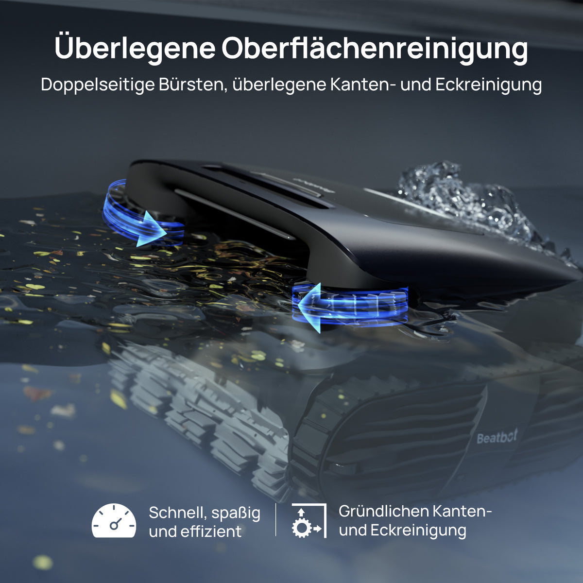 Beatbot Poolroboter mit doppelseitigen Bürsten für überlegene Oberflächen-, Kanten- und Eckreinigung.