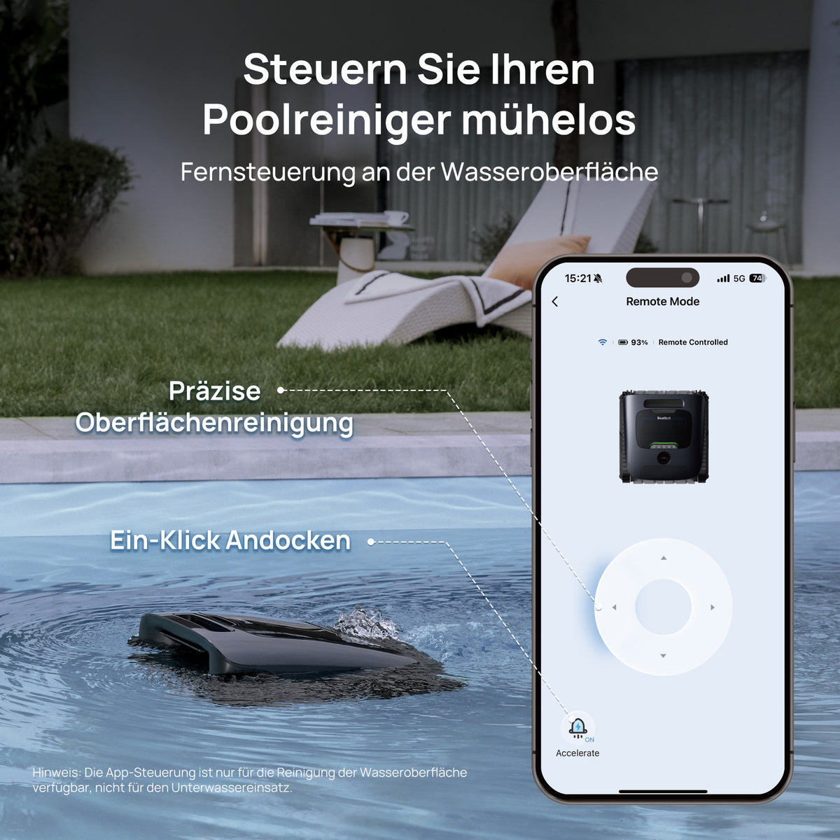 Mühelose Fernsteuerung des Beatbot Poolreinigers an der Wasseroberfläche per Smartphone App